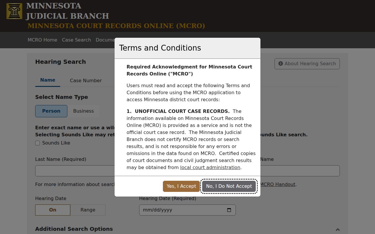 Watonwan County case search hearing interface in Minnesota Court Records Online