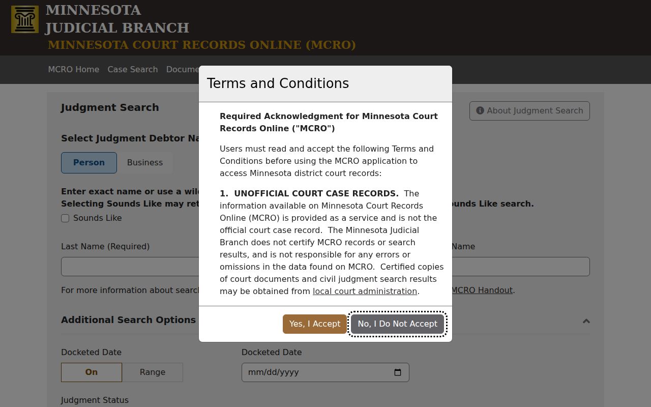 Watonwan County case search judgment search by debtor interface