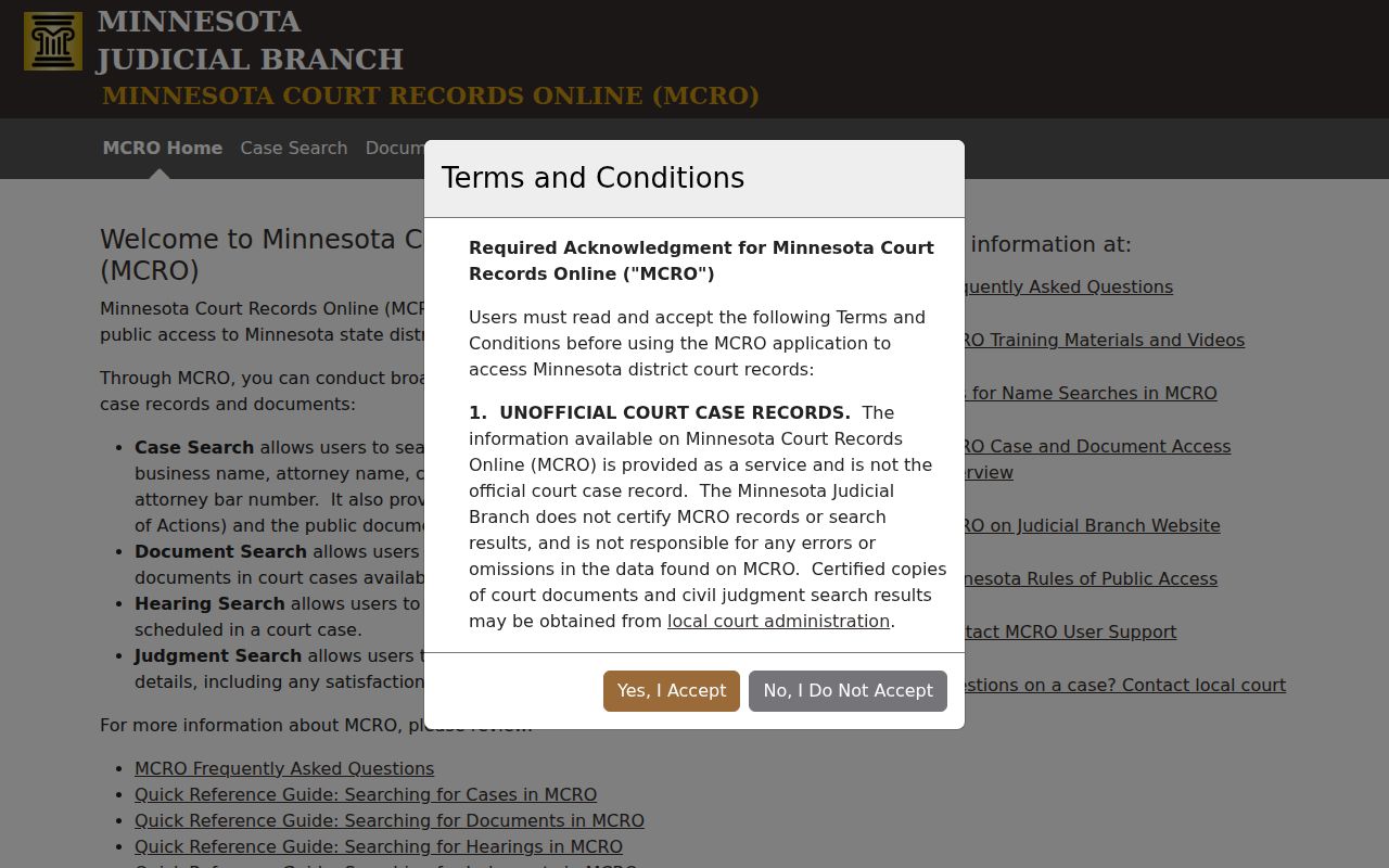 Watonwan County docket search interface for Minnesota Court Records Online