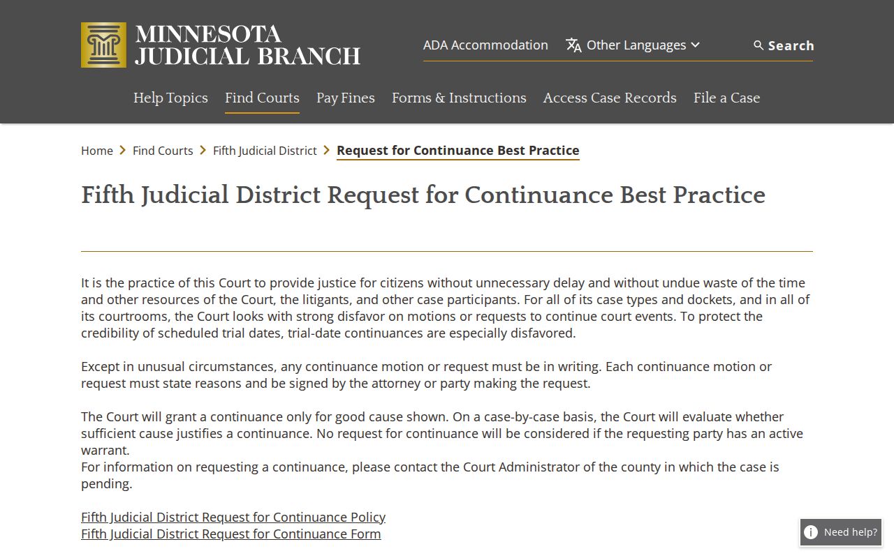 Watonwan court schedule Fifth Judicial District continuance guidance