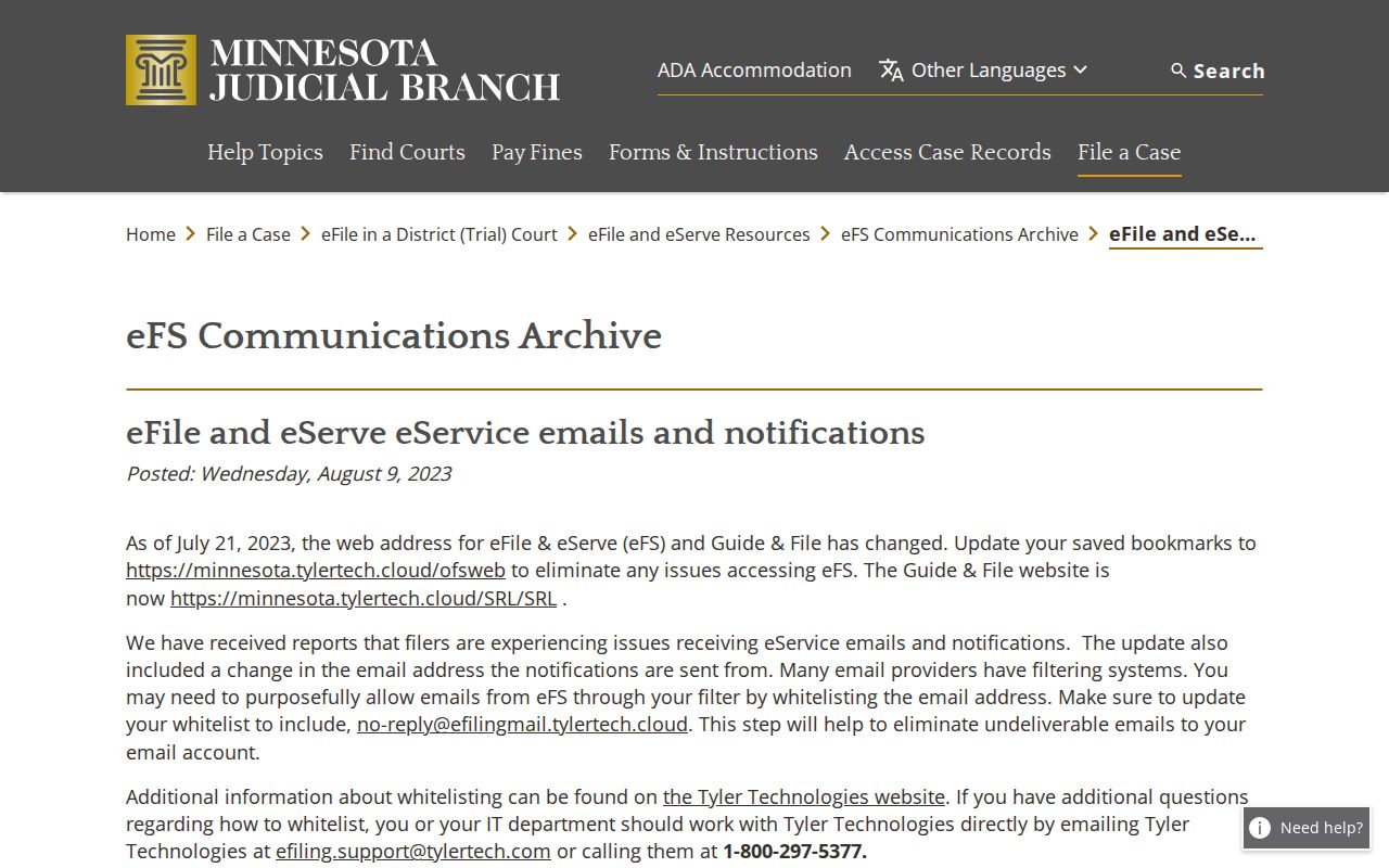 Watonwan County court records eFS communication and document access notice
