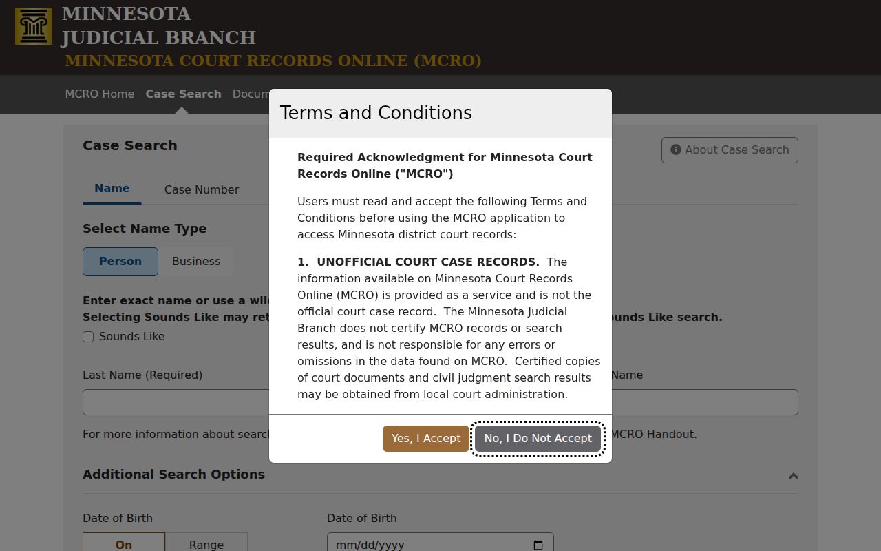 Watonwan criminal docket MCRO Case Search fields