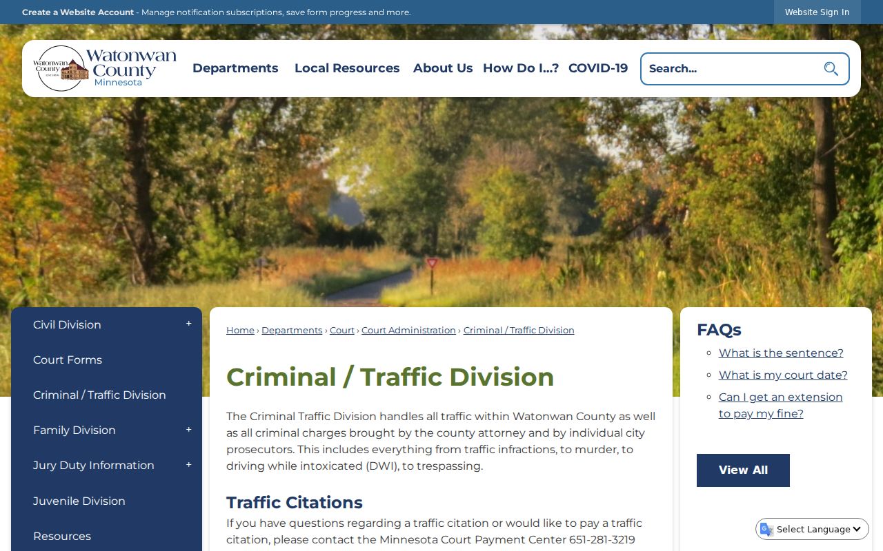 Watonwan criminal docket source page for the Criminal and Traffic Division